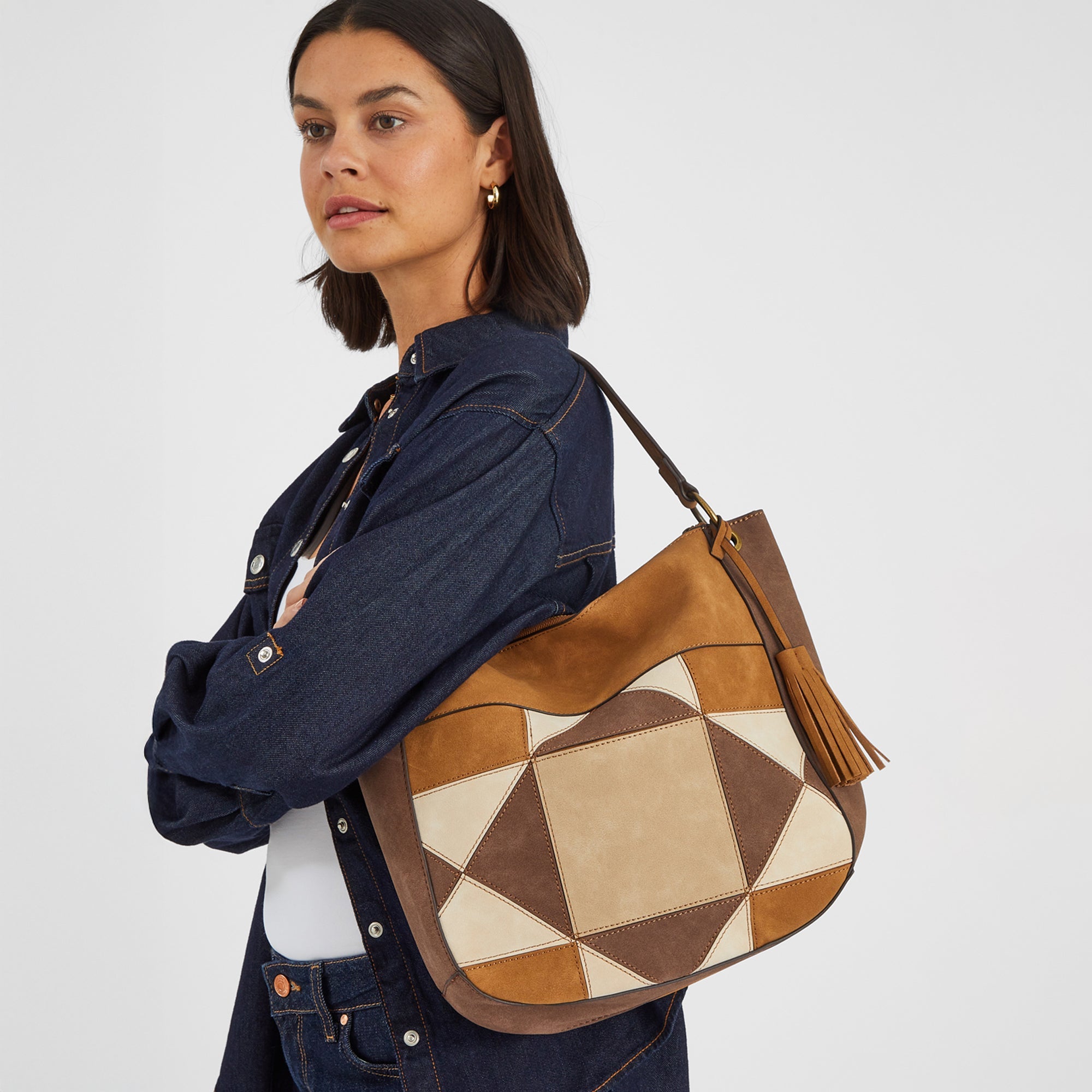 Brown Buckle Strap Suedette Shoulder Bag