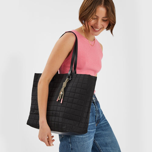 Black Nylon Quilt Tote Bag With Charm