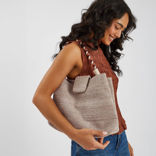 Cream Braid Strap Woven Shoulder Bag