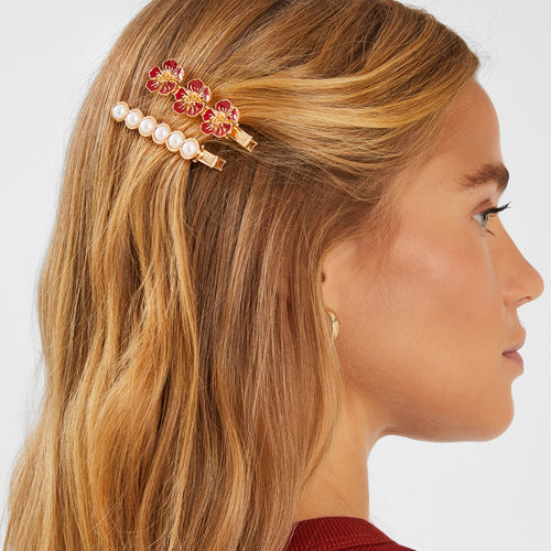 Maroon Flower And Pearl Hair Clips Set of 2