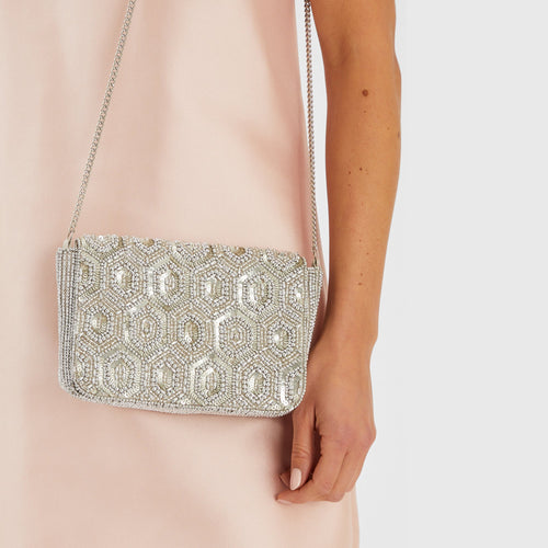 Silver Embellished Fold Over Clutch Bag