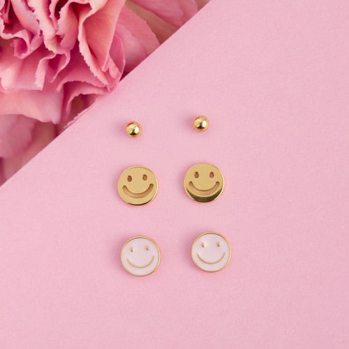 Happy Face Stud Earrings Pack Of 3