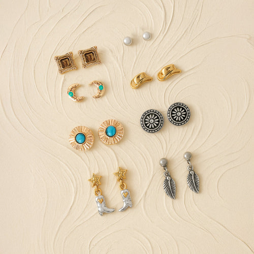 Multi Cowboy Stud Earrings Set of 8