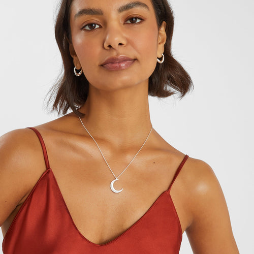 Sterling Silver-Plated Sparkle Moon Pendant Necklace