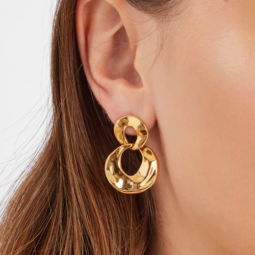14k Real Gold-Plated Round Link Drop Earrings