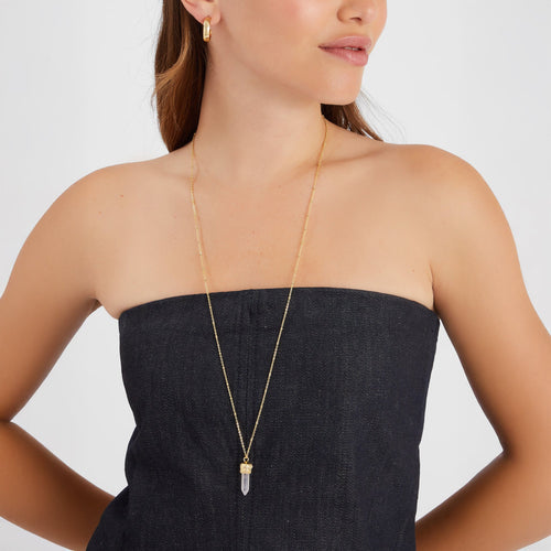 14k Real Gold-Plated Long Rose Quartz Pendant Necklace