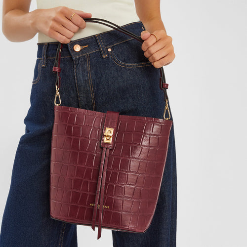Maroon Faux Croc Bucket Bag