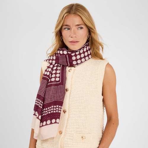 Large Polka Dot Heart Print Scarf- Burgundy