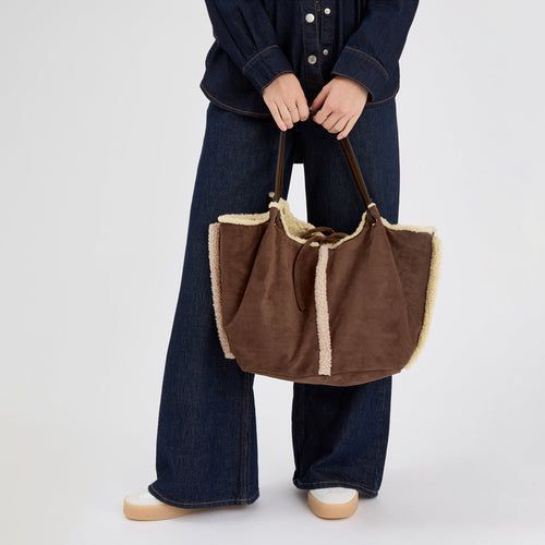 Cream And Brown Reversible Borg Shoulder Bag
