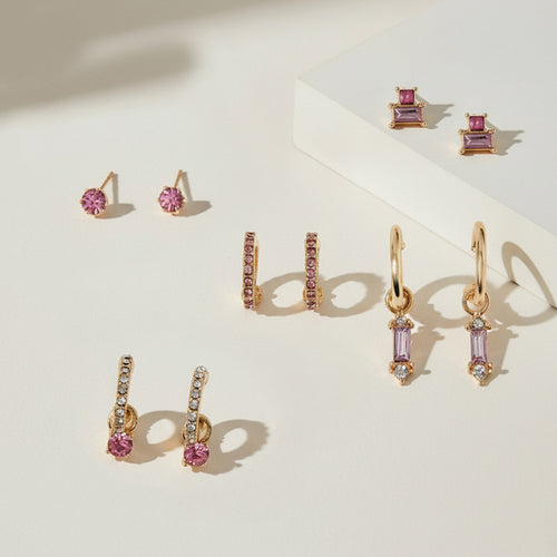 Pink Gem Diamante Stud & Hoop Earrings Pack of 5