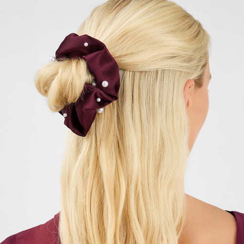 Burgundy Pearl Satin Hair Scrunchie