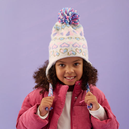 Girls Heart Fair Isle Bobble Trapper Hat Multi 7-12 Years