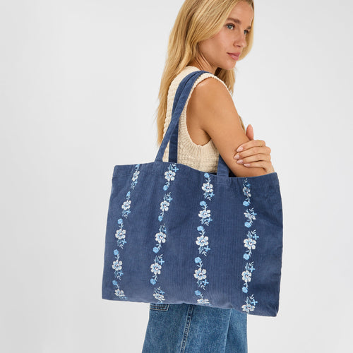 Blue Floral Embroidered Cord Shopper Bag