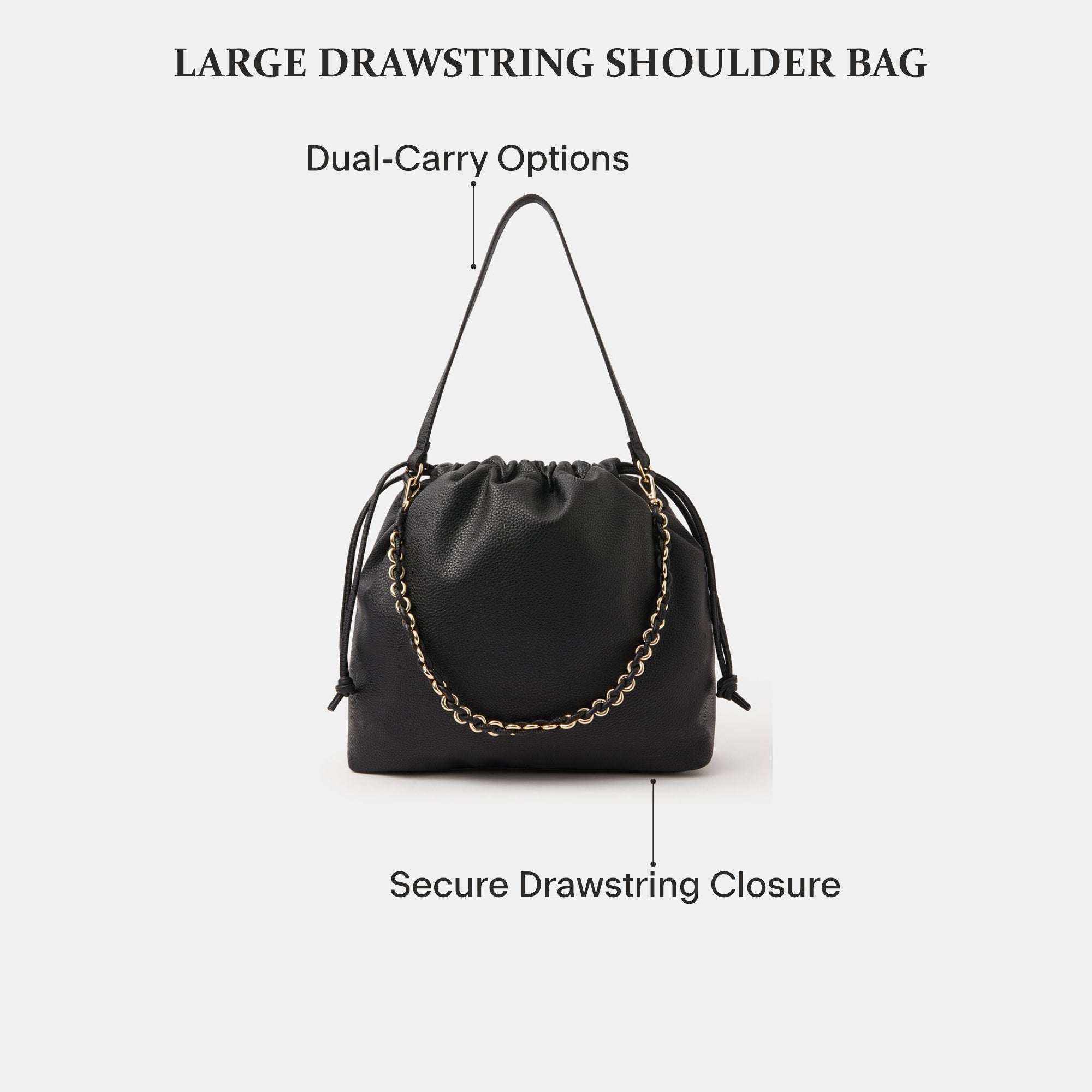 drawstring shoulder bag／black leather Black Large Drawstring Shoulder Bag