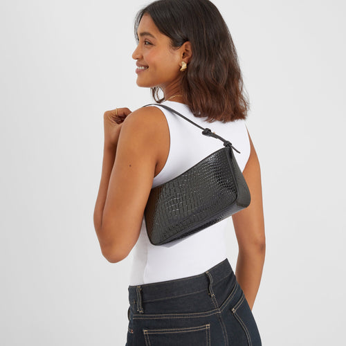 Black Faux Croc Shoulder Bag
