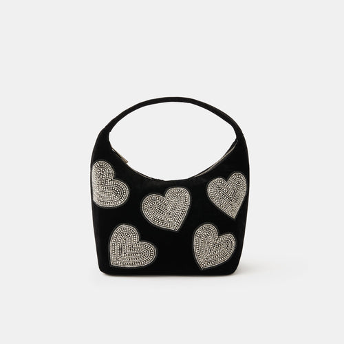 Black Heart Embellished Velvet Handbag