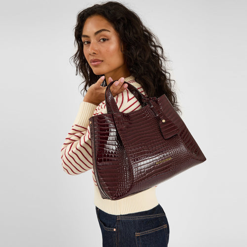 Burgundy Patent Faux Croc Skin Tote Bag