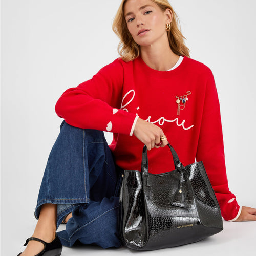 Black Patent Faux Croc Skin Tote Bag