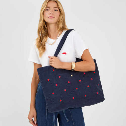 Navy Blue Heart Corduroy Shopper Bag