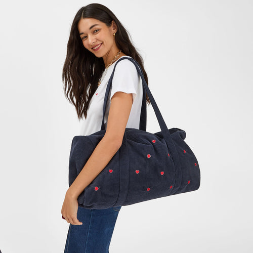 Navy Blue Heart Corduroy Duffle Bag