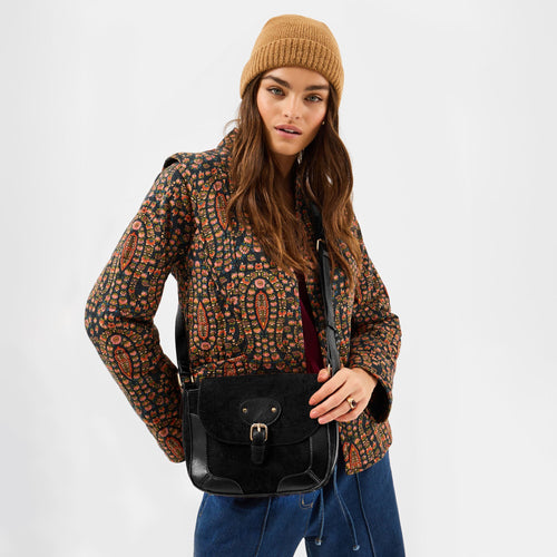 Black Faux Suede Saddle Sling Bag