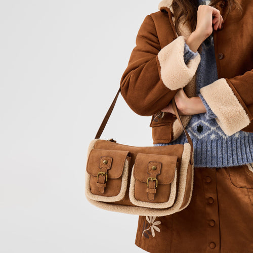 Brown Faux Shearling Pocket Shoulder Bag