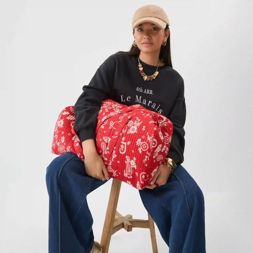 Red Paisley Floral Quilted Weekend Bag