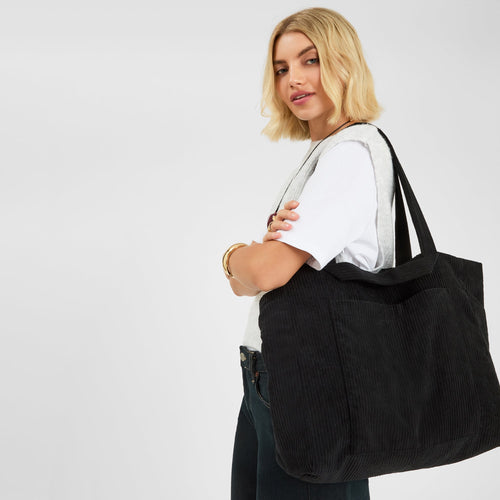 Black Corduroy Double Strap Shopper Bag