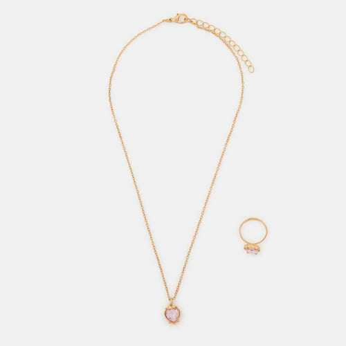 Girls Heart Gem Necklace & Ring Set