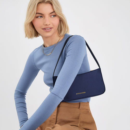 Navy Blue Satin Shoulder Bag