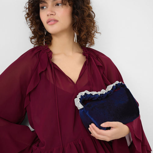 Navy Blue Diamanté Ruched Strap Velvet Handbag