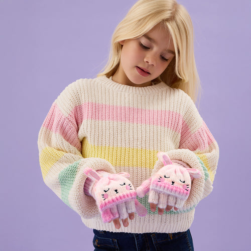 Girls Bunny Stripe Fingerless Gloves with Mittens Multi