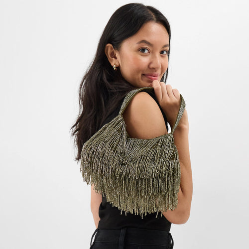 Gold Olive Beaded Fringe Handheld Bag