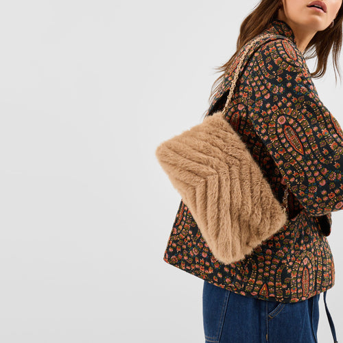 Cream Faux Fur Chain Strap Shoulder Bag