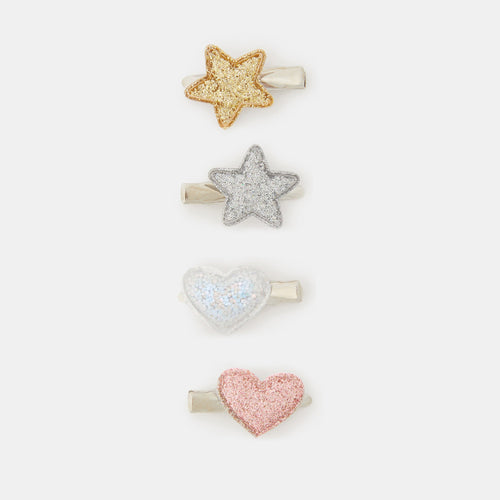 Kids Glitter Star Heart Hair Clips Set Of 4