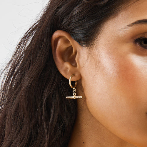 Gold T-Bar Charm Hoop Earrings