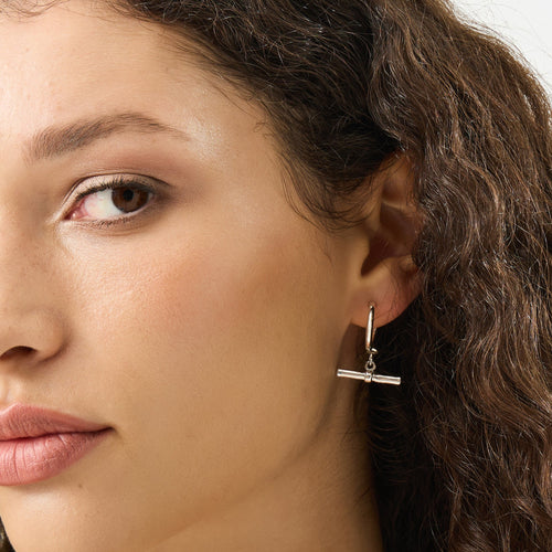 Silver T-Bar Charm Hoop Earrings
