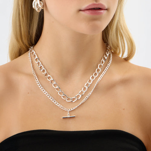 Silver Layered T-Bar Chain Necklace