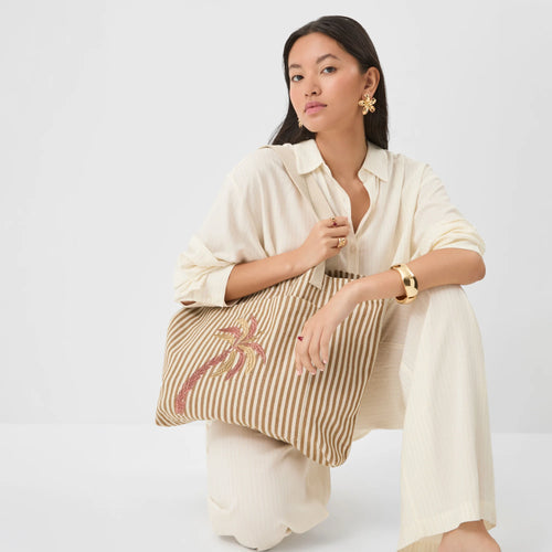 Tan Stripe Palm Embroidered Shopper Bag