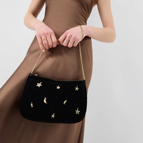 Black Celestial Charm Velvet Clutch Bag
