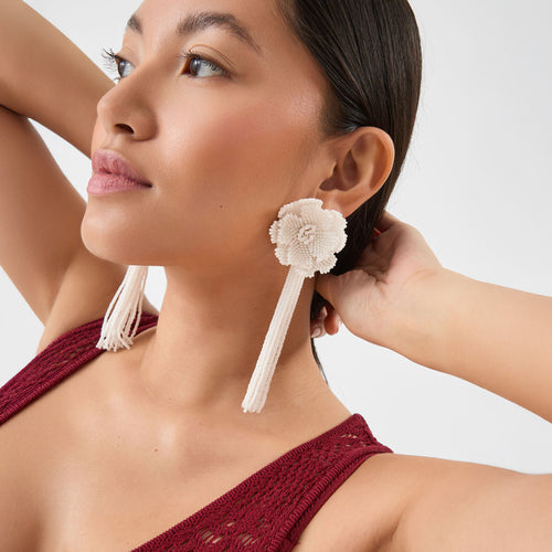 Beaded Flower Tassel Drop Earrings