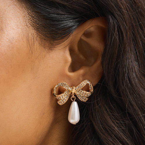 Diamanté Bow Pearl Drop Earrings