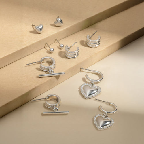 T-Bar & Heart Hoop Stud Earring Stack Pack of 5