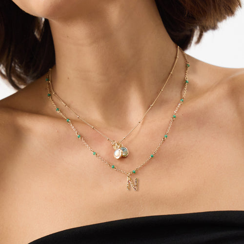 Initial (L) Bead Layered Necklace Green