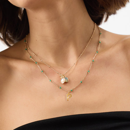 Initial (N) Bead Layered Necklace Green