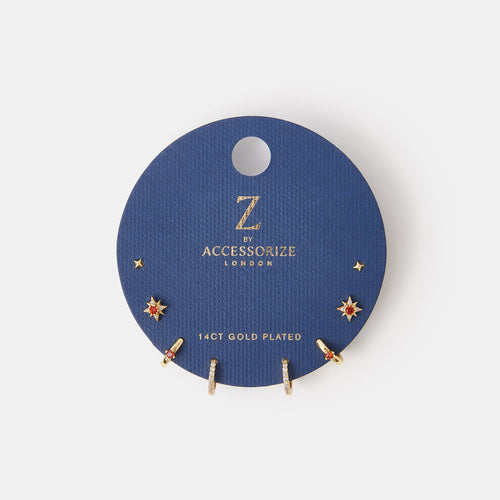Accessorize London Women's 14k Gold-Plated Birthstone Celestial Earrings Gold Pack of 4