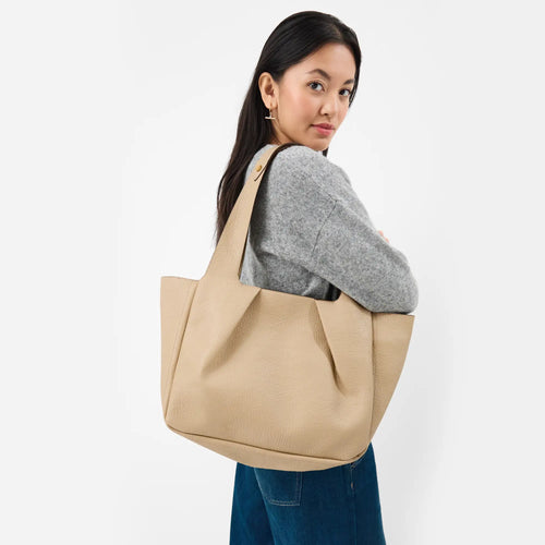 Cream Faux Leather Pleated Shoulder Bag