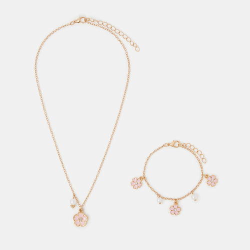 Girls Pearl Flower Necklace & Bracelet Set