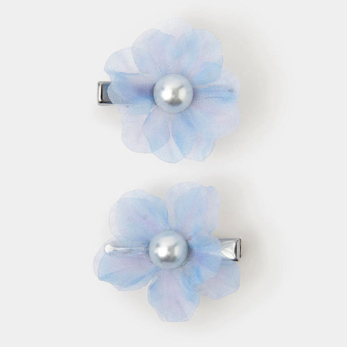 Girls Pearl Flower Hair Clips Set Of 2 Blue