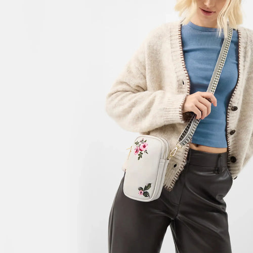 Cream Floral Embroidered Phone Bag